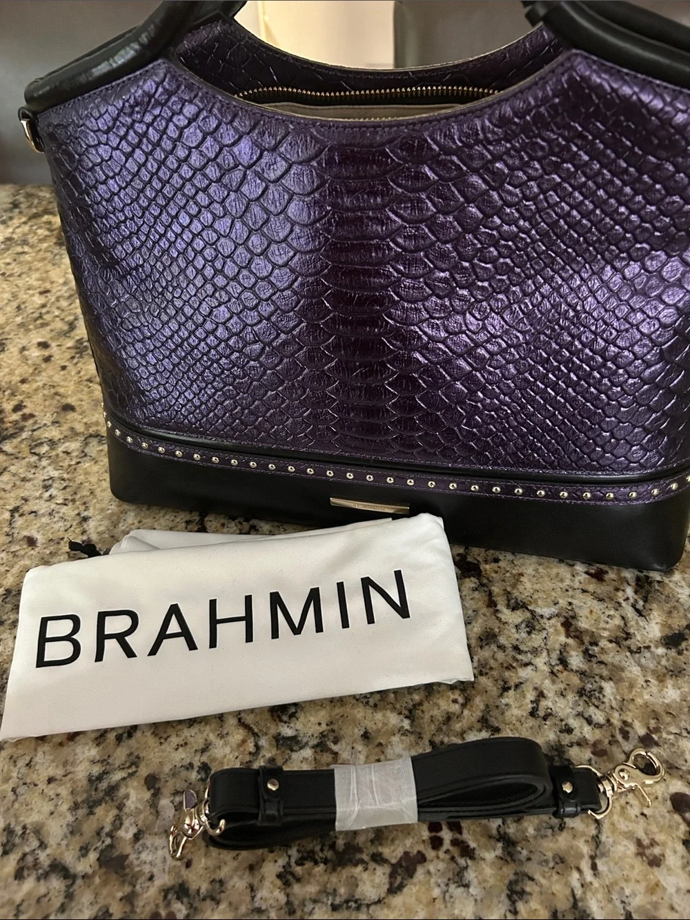 Brahmin Purple Faux-Snakeskin Tote with Black Trim and Gold Accents - Picture 8 of 11